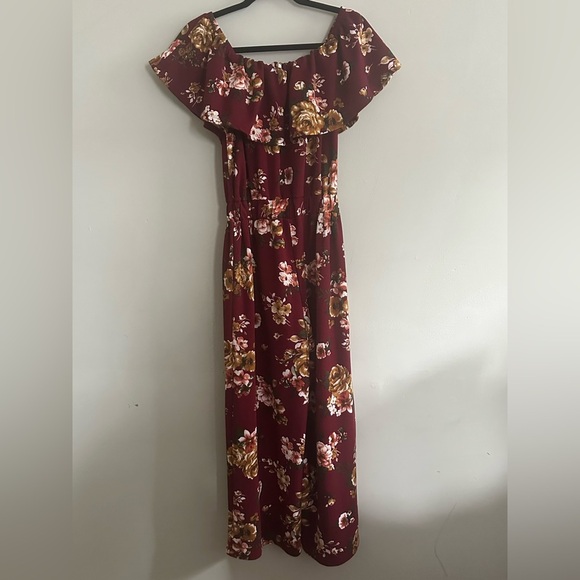 Altar’d State Burgundy/Maroon Floral Print On or Off the Shoulder Jumpsuit - Picture 7 of 15
